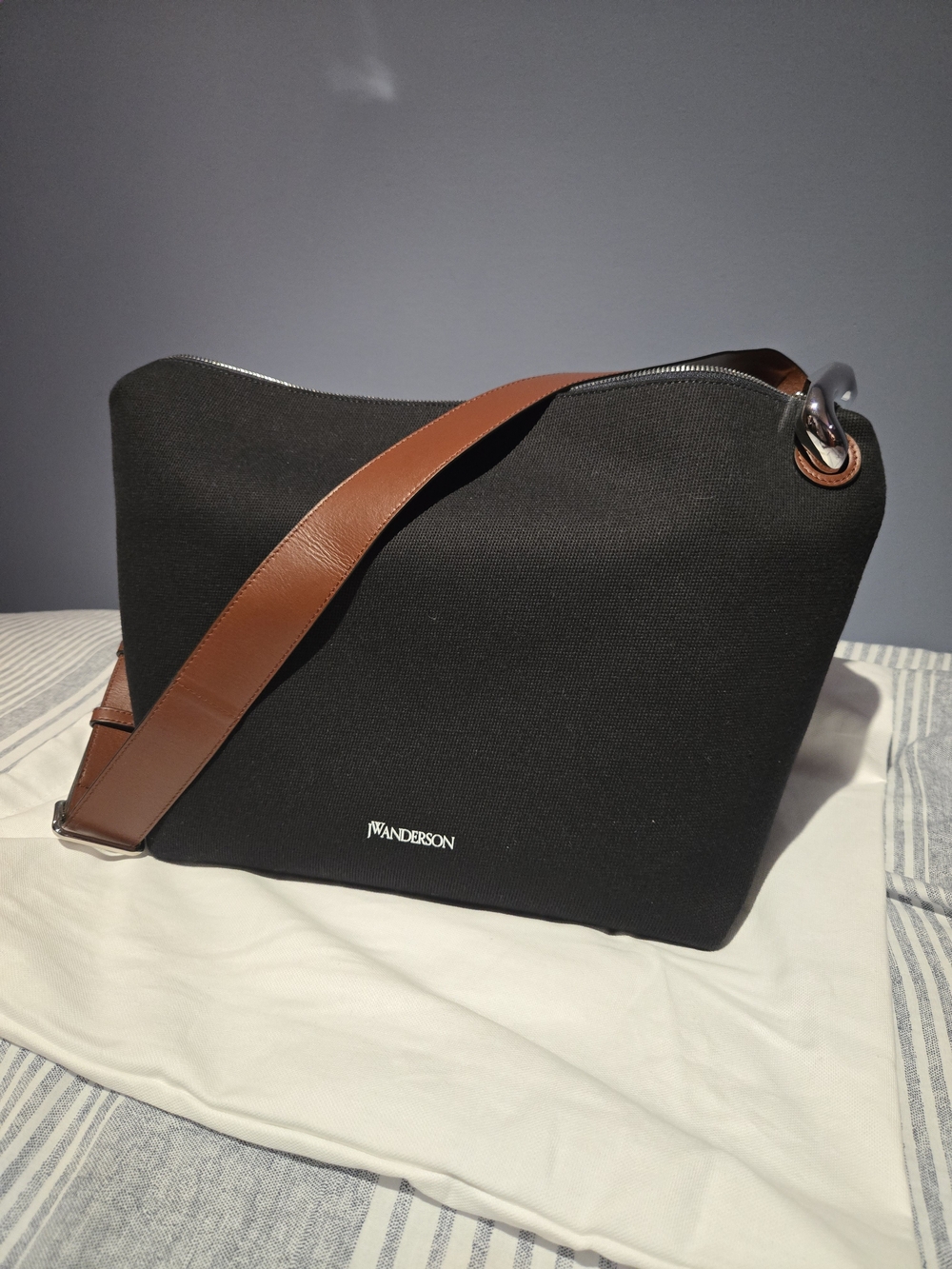 JW Anderson Black Canvas Crossbody Bag with Brown Leather Strap